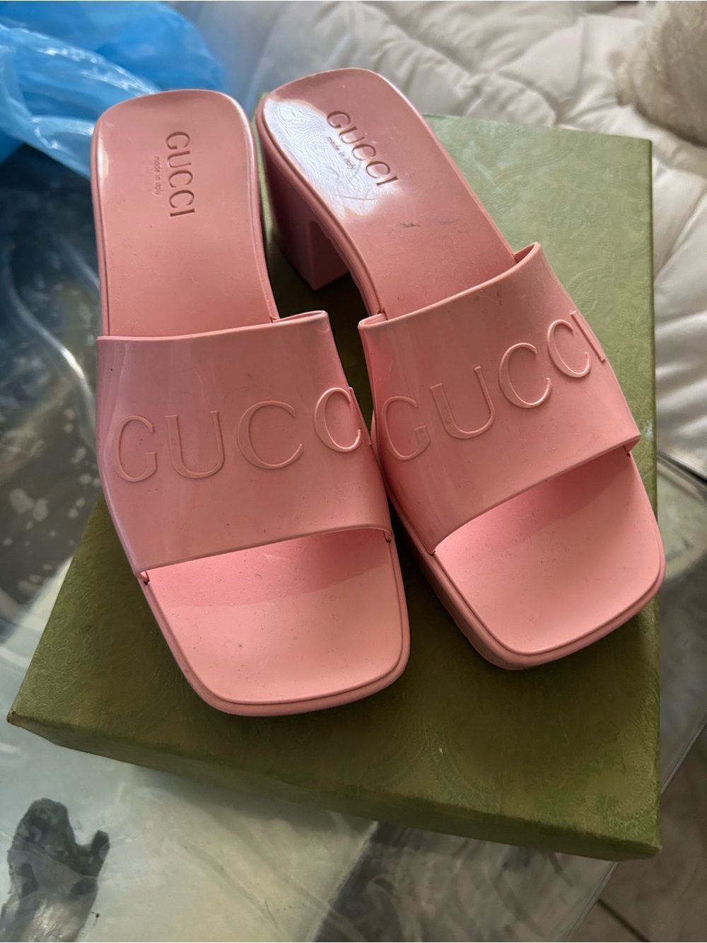 Gucci Pink Block Heel Rubber Slides